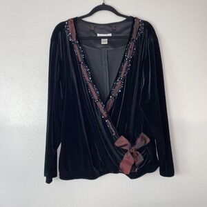 Jackie Jon Womens 3X Black Velour Wrap Style Beaded Ribbon Top Whimsigoth Gothic